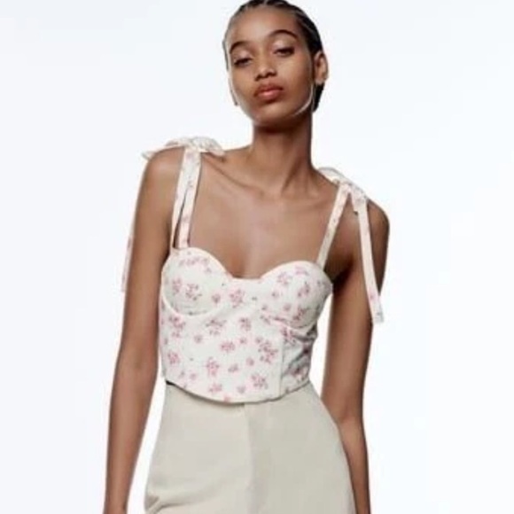 NWT Zara Linen Blend Floral Crop Top M - Picture 1 of 14